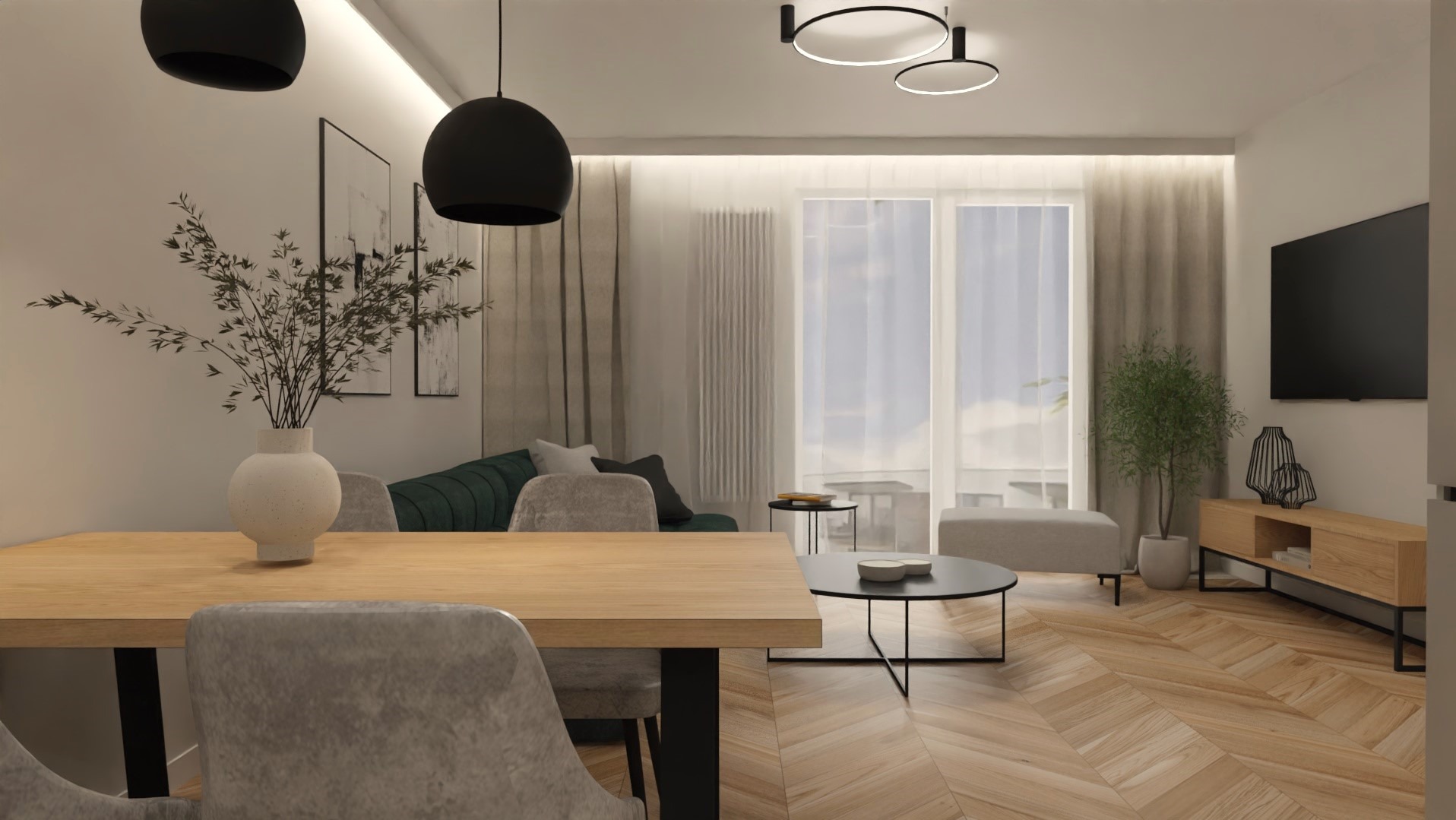 Jasne wnętrze mieszkania z parkietem w jodełkę. Stół z krzesłami, sofa w odcieniach zieleni, telewizor, okno z zasłonami i designerskie lampy.