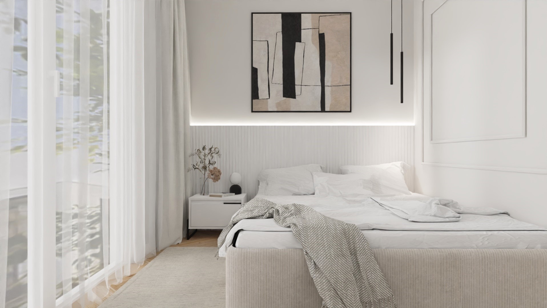Jasna sypialnia z łóżkiem, minimalistycznym obrazem i subtelnym oświetleniem LED. Białe zasłony wpuszczają delikatne światło dzienne. Nowoczesny design z nutą elegancji.