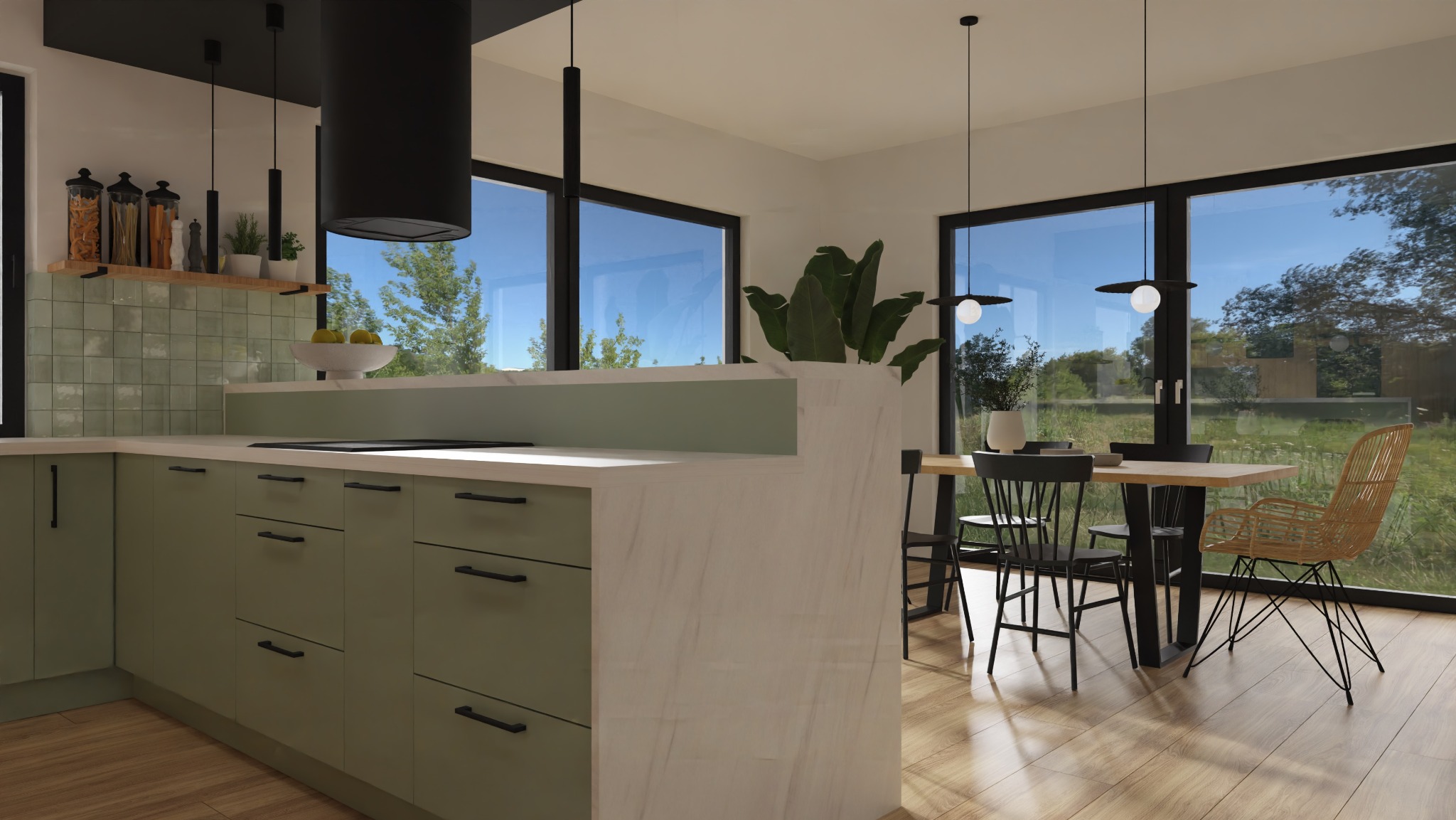 Stylowa kuchnia z zielonymi szafkami i blatem z marmuru, oświetlona wiszącymi lampami. W tle okno z widokiem na zieleń. Nowoczesny design.