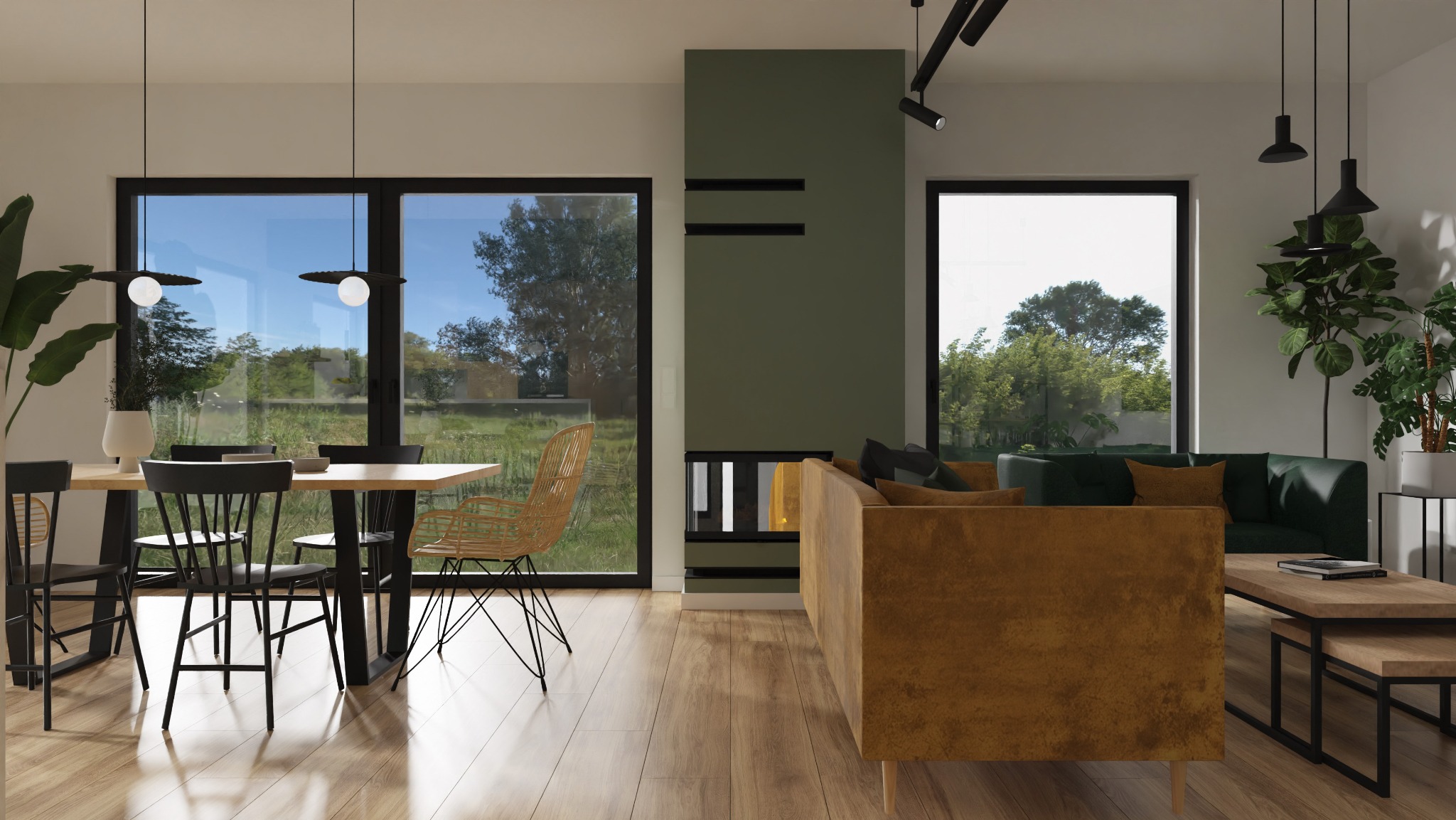 Wnętrze jasnego salonu z drewnianą podłogą, dużymi oknami i nowoczesnym kominkiem. Widoczny stół z krzesłami, sofa i rośliny doniczkowe.