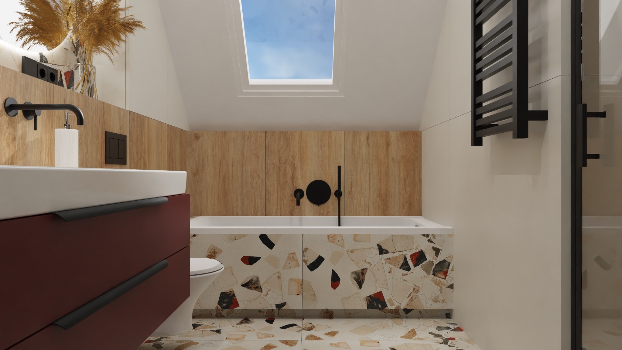 Nowoczesna łazienka na poddaszu z wanną w mozaikę lastryko, drewnianą okładziną i czarną armaturą. Uwagę zwraca okno dachowe wpuszczające naturalne światło.