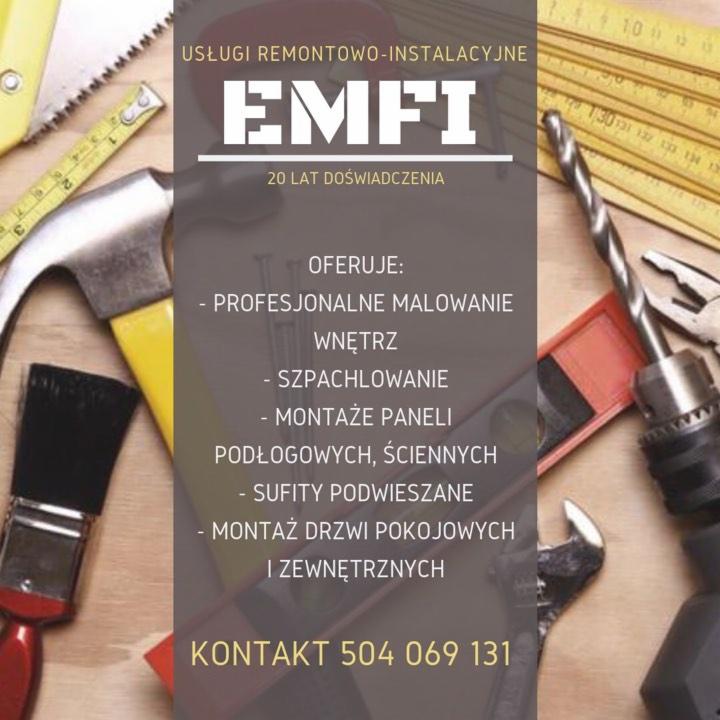 Folder reklamowy firmy remontowo-instalacyjnej EMFI z ofertą profesjonalnego malowania wnętrz, szpachlowania, montażu paneli, sufitów podwieszanych oraz drzwi, obok narzędzia: młotek, pędzel...