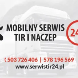 Grafika reklamowa mobilnego serwisu TIR i naczep z Zawiercia, z informacją o dostępności 24/7, numerami telefonów i adresem strony internetowej, na rozmytym tle ciężarówki.
