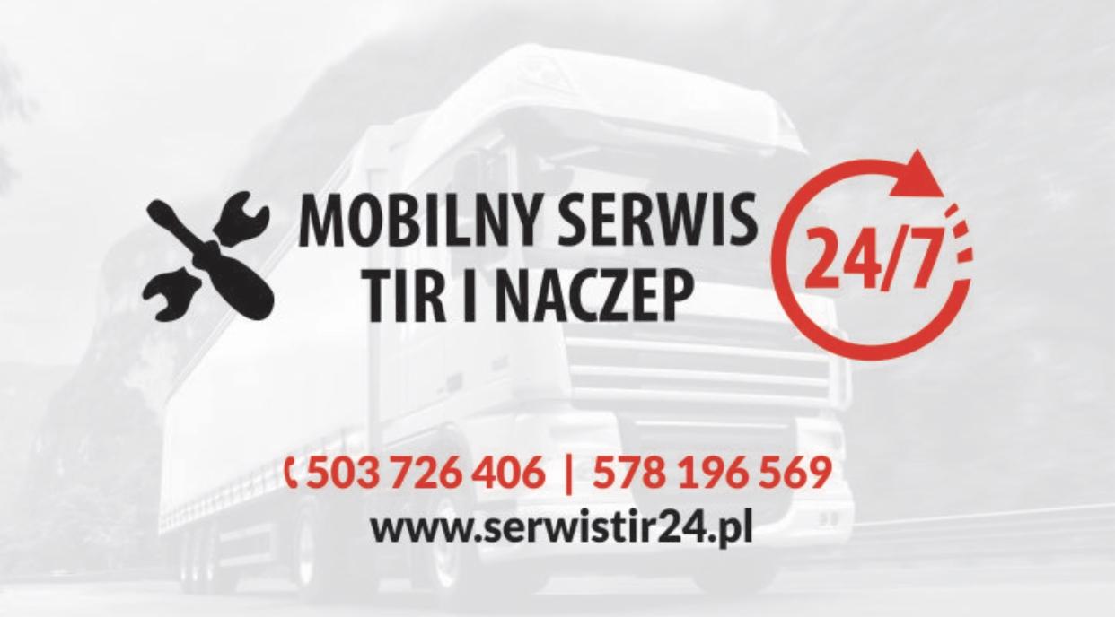 Grafika reklamowa mobilnego serwisu TIR i naczep z Zawiercia, z informacją o dostępności 24/7, numerami telefonów i adresem strony internetowej, na rozmytym tle ciężarówki.