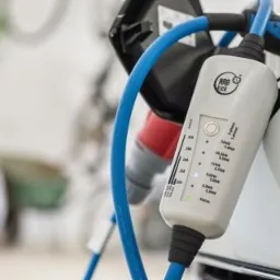 Biała ładowarka do samochodu elektrycznego podłączona do gniazda, z niebieskim kablem i diodami LED wskazującymi poziom naładowania.