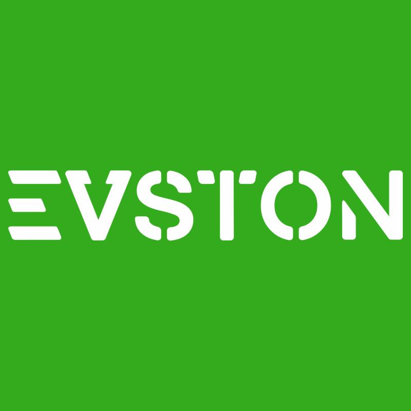 Logo firmy EVSTON w kolorze białym na zielonym tle, wykonane w stylu szablonowym.