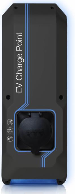 Czarna stacja ładowania EV Charge Point o mocy 22 kW z niebieskimi akcentami i ikonami start/stop oraz ekologii, widok z przodu.