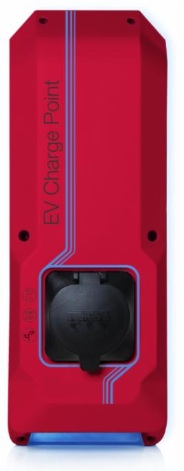 Czerwona stacja ładowania pojazdów elektrycznych EV Charge Point z niebieskimi akcentami, widok z przodu, czarne gniazdo wtykowe.