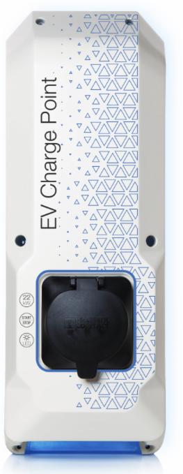 Biała stacja ładowania EV Charge Point z niebieskimi trójkątnymi wzorami, widoczne gniazdo ładowania i oznaczenia 22kW, Start/Stop, LED.