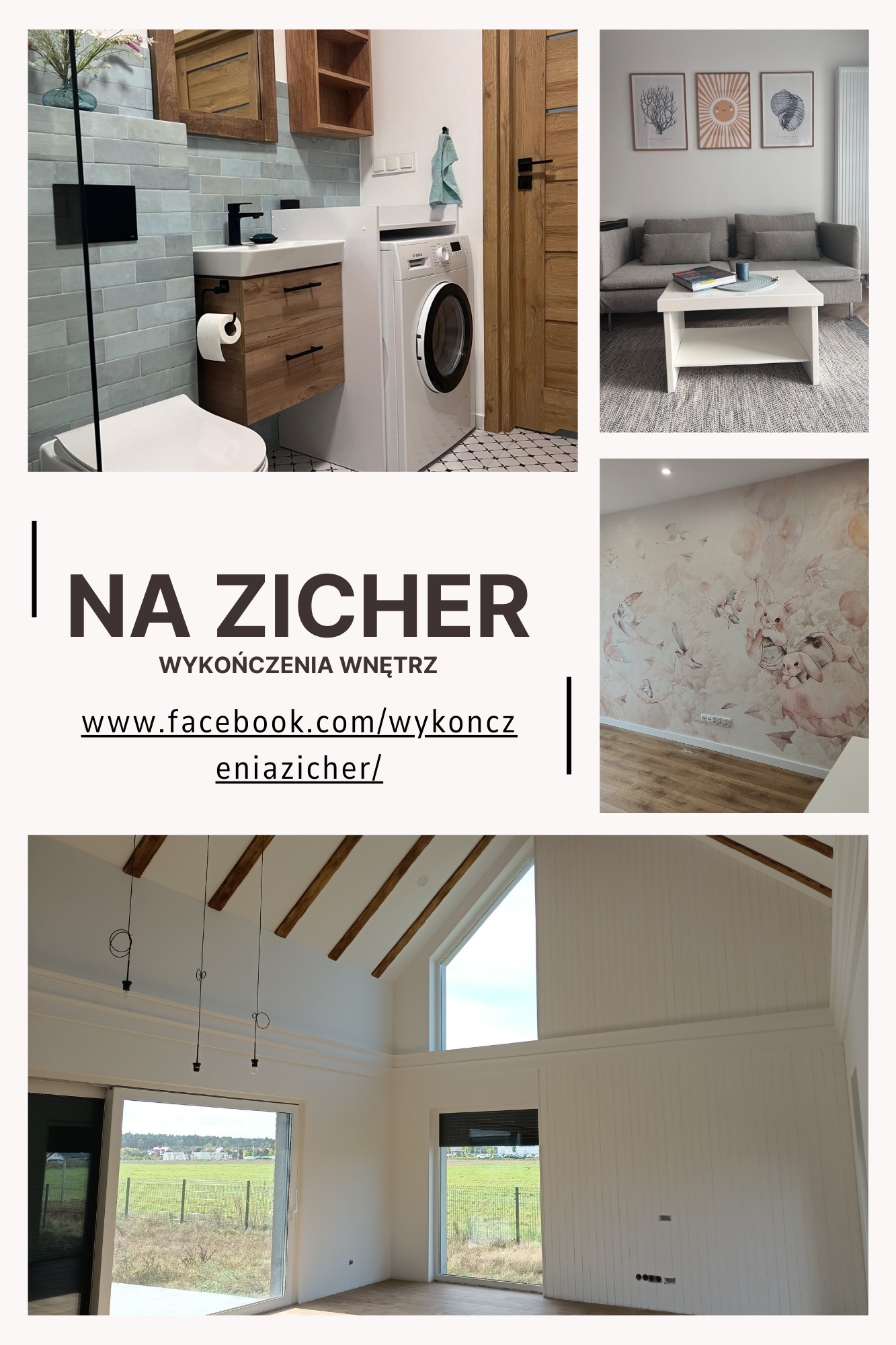 Kolaż przedstawiający różne pomieszczenia po remoncie: łazienka z szarą glazurą i drewnianymi szafkami, salon z szarą sofą i grafikami na ścianie, pokój dziecięcy z tapetą w pastelowe wzory...