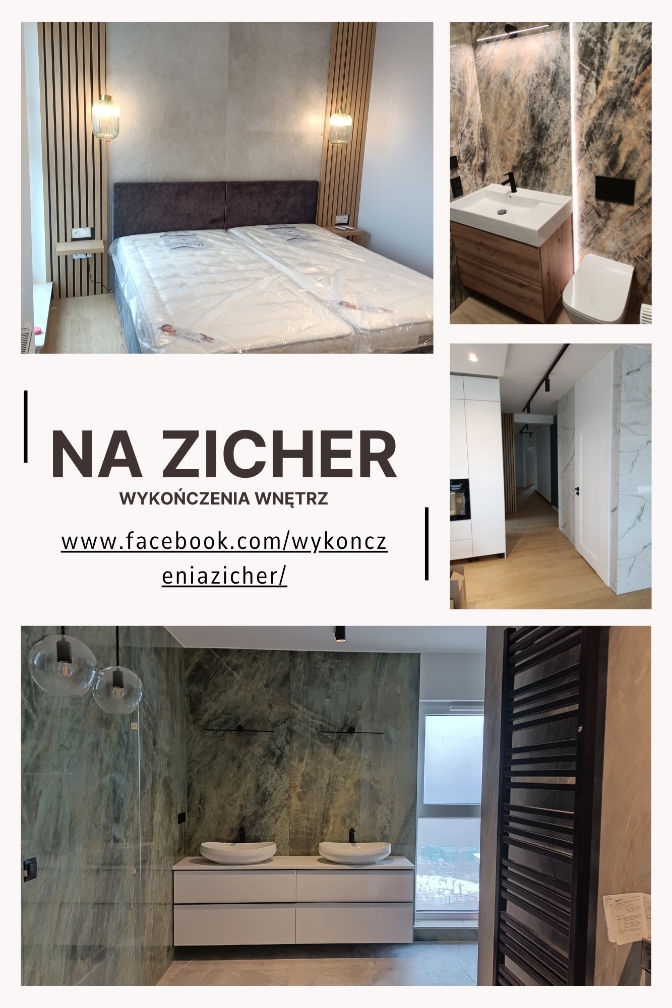 Kolaż zdjęć przedstawiający różnorodne wnętrza: sypialnia z łóżkiem w folii ochronnej, łazienka z umywalką nablatową i marmurowymi ścianami, korytarz z drewnianą podłogą oraz łazienka z dwiema...