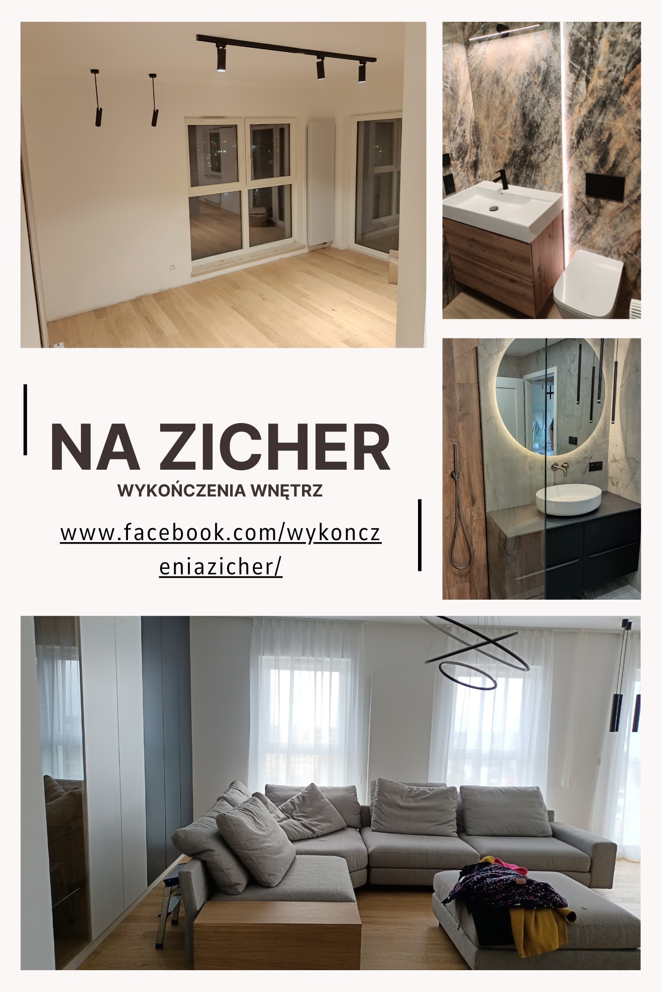 Kolaż prezentujący fragmenty wykończonego mieszkania: pokój z drewnianą podłogą i oświetleniem szynowym, dwie różne łazienki z nowoczesną armaturą i okrągłymi lustrami z podświetleniem LED...