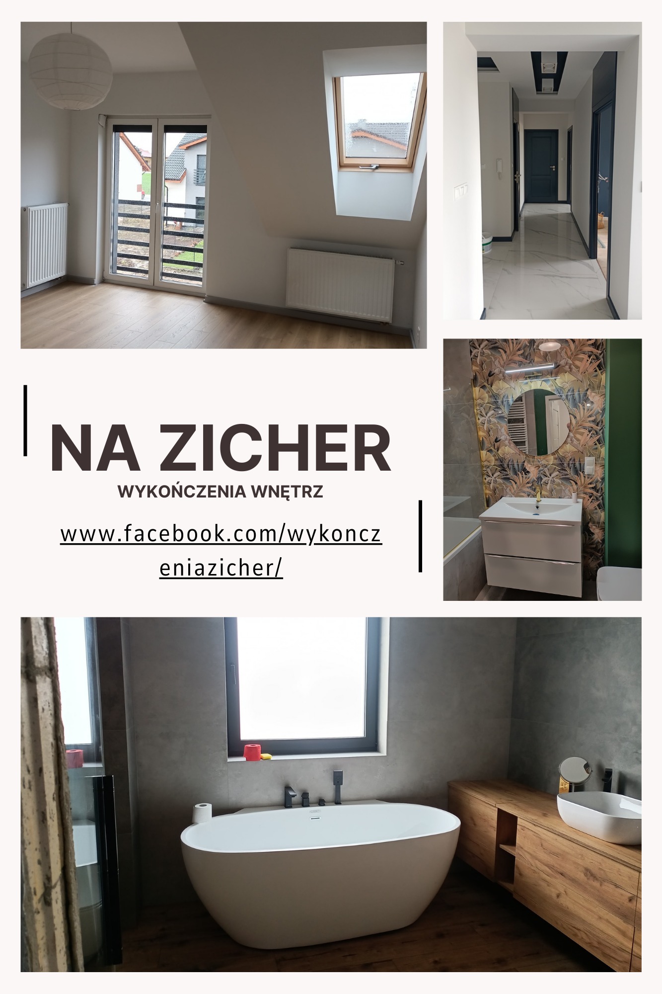 Kolaż zdjęć prezentujący różnorodne wnętrza po remoncie: jasny pokój z balkonem, długi korytarz z marmurową podłogą, łazienka z motywem dżungli i okrągłym lustrem, oraz druga łazienka...