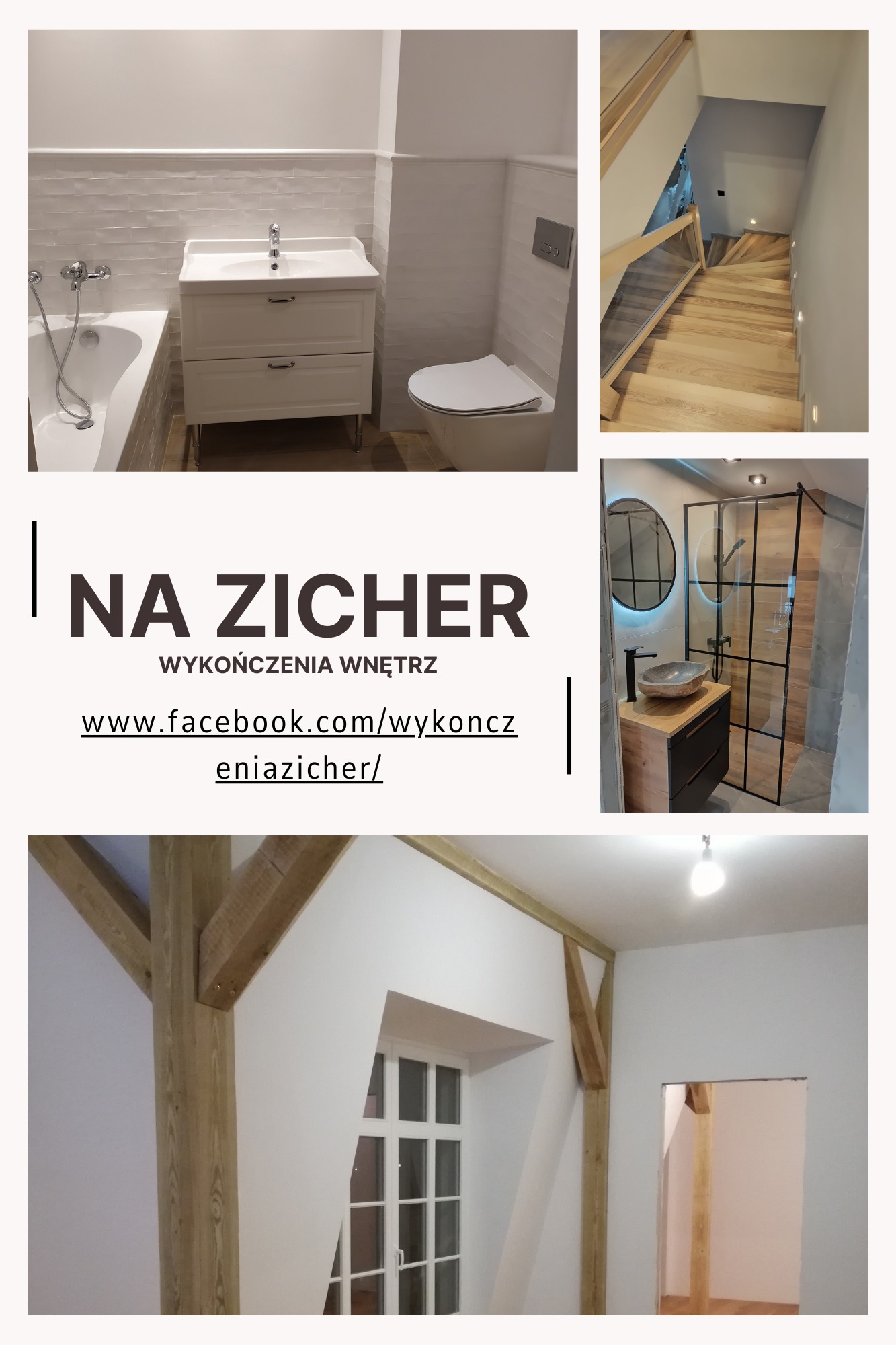 Kolaż prezentujący wykończone wnętrza: łazienkę z białą armaturą i płytkami imitującymi cegłę, schody drewniane z oświetleniem punktowym, kabinę prysznicową z czarną ramą i okrągłym lustrem...