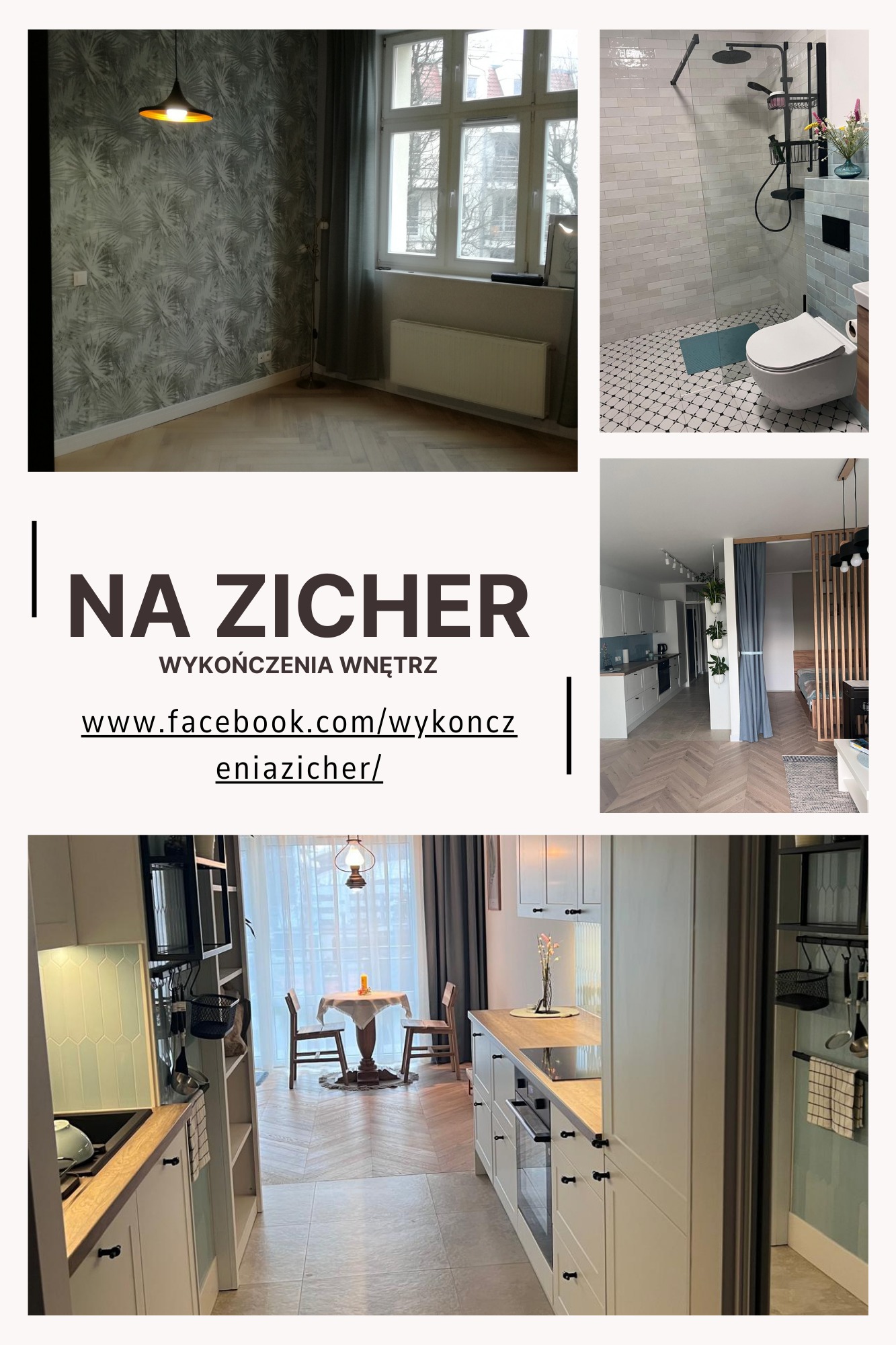 Kolaż przedstawiający różne pomieszczenia: pokój z tapetą w liście i lampą, łazienkę z kabiną prysznicową i toaletą, otwartą kuchnię z jadalnią i salon z parkietem w jodełkę.