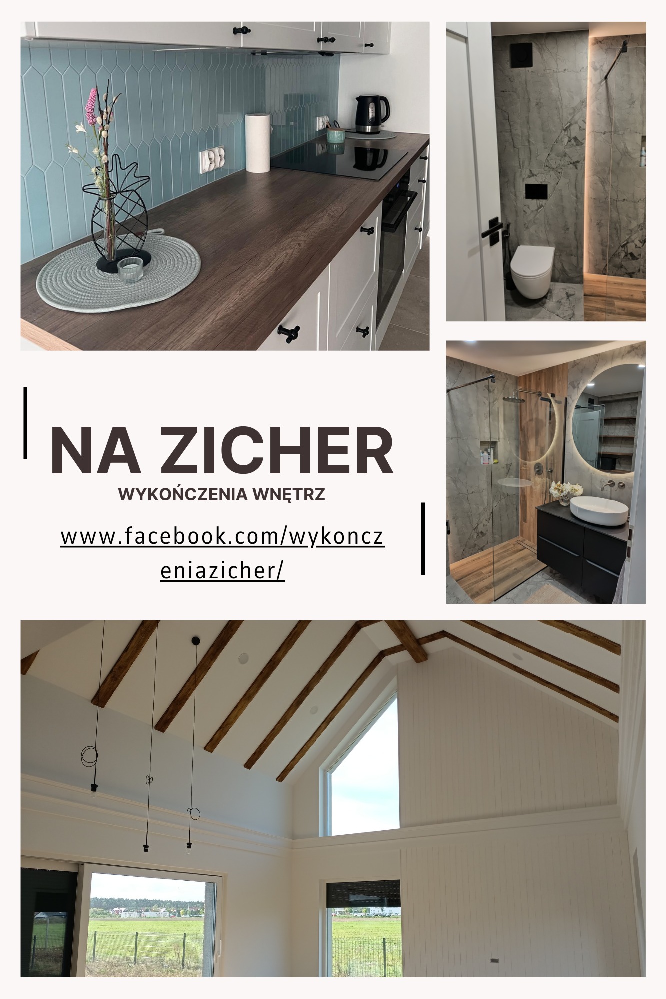 Kolaż zdjęć przedstawiający wykończone wnętrza: fragment kuchni z turkusowymi, pionowo ułożonymi płytkami, łazienkę z szarymi marmurowymi płytkami i drewnianymi akcentami oraz wysoki salon...