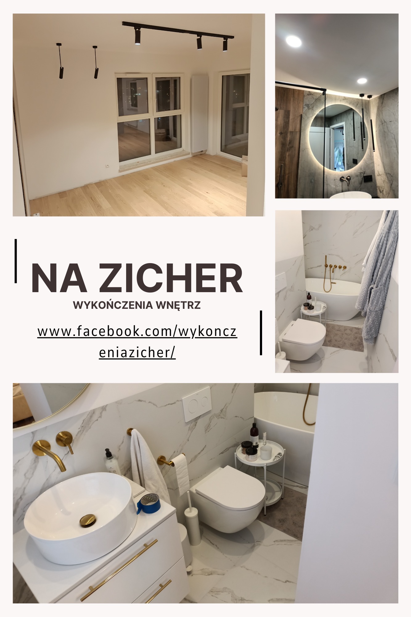 Kolaż zdjęć prezentujący wnętrza po remoncie: pokój z parkietem i oświetleniem szynowym, łazienka z okrągłym lustrem podświetlanym LED, umywalka nablatowa z baterią w kolorze złotym i marmurowe...