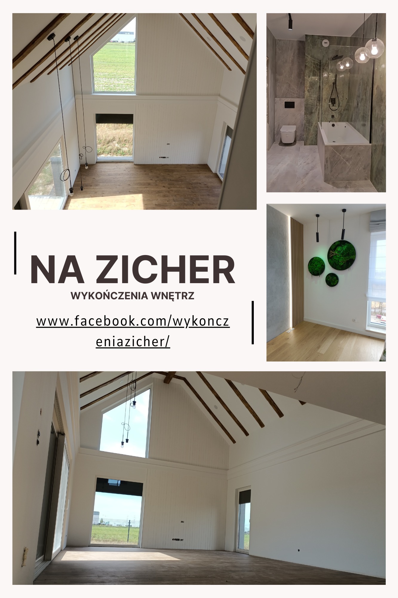 Kolaż z czterech zdjęć prezentujący wnętrza: przestronny salon z drewnianą podłogą i wysokim sufitem z drewnianymi belkami, nowoczesna łazienka z marmurowymi płytkami i wolnostojącą wanną, ściana...