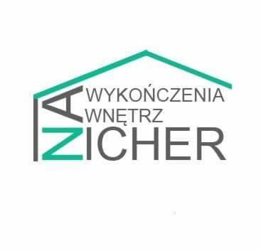 Logo firmy AZ Zicher z zielonym akcentem w kształcie dachu domu, napis 'Wykończenia Wnętrz' w szarym kolorze.
