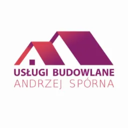 Logo firmy budowlanej: stylizowany dom z dwuspadowym dachem w odcieniach czerwieni i fioletu, napis 'USŁUGI BUDOWLANE ANDRZEJ SPÓRNA'.