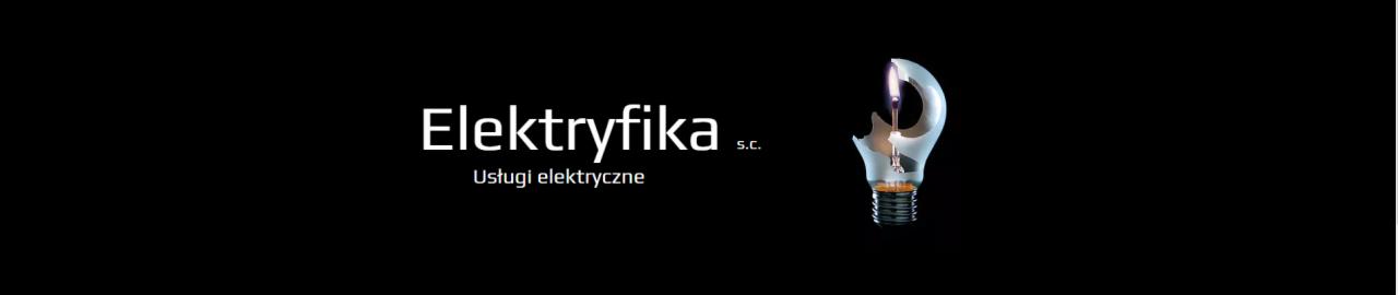 Logo firmy z branży elektrycznej prezentujące nazwę 'Elektryka s.c.' oraz stylizowaną, pękniętą żarówkę z płomieniem w środku, na czarnym tle.