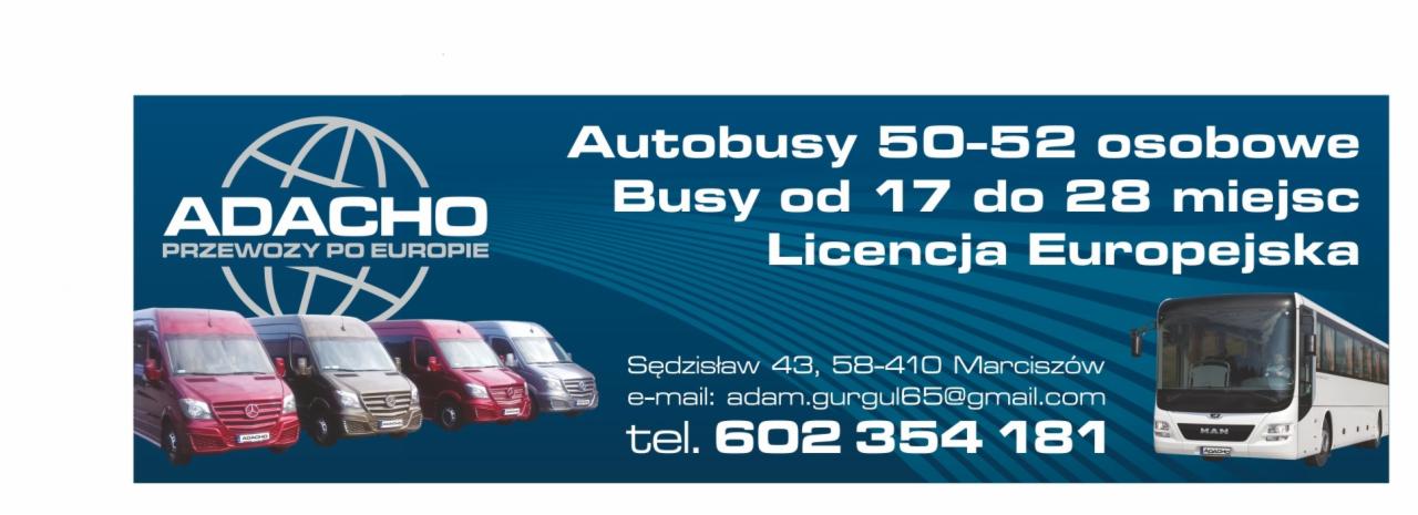 Reklama firmy przewozowej Adacho z flotą busów i autobusem, oferującej licencjonowane przewozy po Europie, z podanym adresem i numerem telefonu.