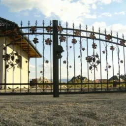 Kuta, czarna brama wjazdowa z motywem winogron i liści, widoczna z niskiej perspektywy na tle domu z ciemną dachówką i błękitnego nieba.