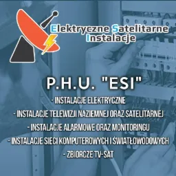 Grafika reklamowa firmy P.H.U. 'ESI' oferującej instalacje elektryczne, telewizji naziemnej i satelitarnej, alarmowe i monitoringu, sieci komputerowych i światłowodowych oraz zbiorcze TV-SAT,...