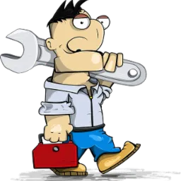 Karykatura fachowca z kluczem i skrzynką narzędziową, gotowego do pracy w Inowrocławiu. Ilustracja w stylu komiksowym na czarnym tle.