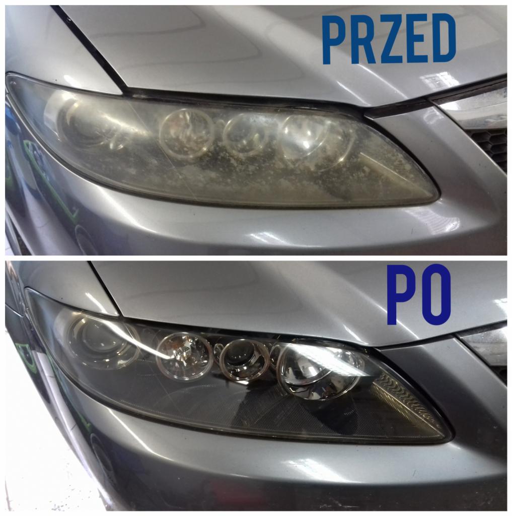 Reflektor samochodowy przed i po czyszczeniu, widoczna wyraźna różnica w przejrzystości klosza.