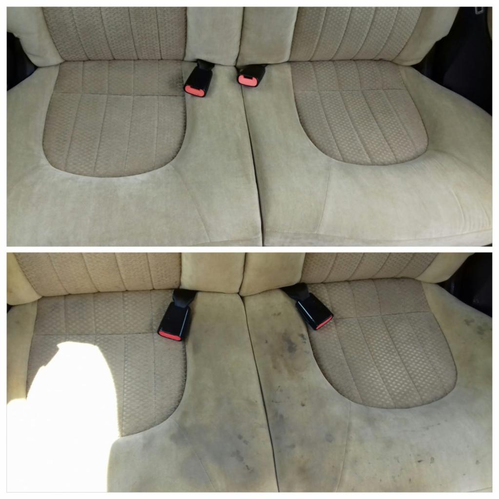 Porównanie: beżowa tapicerka samochodowa z widocznymi plamami przed i po czyszczeniu, ukazująca efekt odświeżenia i usunięcia zabrudzeń.