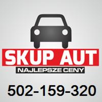 Grafika z sylwetką samochodu nad napisem 'SKUP AUT' na czerwonym tle, poniżej 'NAJLEPSZE CENY' na czarnym tle i numer telefonu.