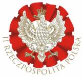 Godło Polski, orzeł w koronie na czerwonej rozecie z napisem II Rzeczpospolita Polska.
