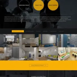 Zrzut ekranu strony internetowej z portfolio projektów wnętrz, z ciemną kolorystyką i żółtymi akcentami, prezentujący aranżacje sypialni, kuchni i salonu oraz opinie klientów.