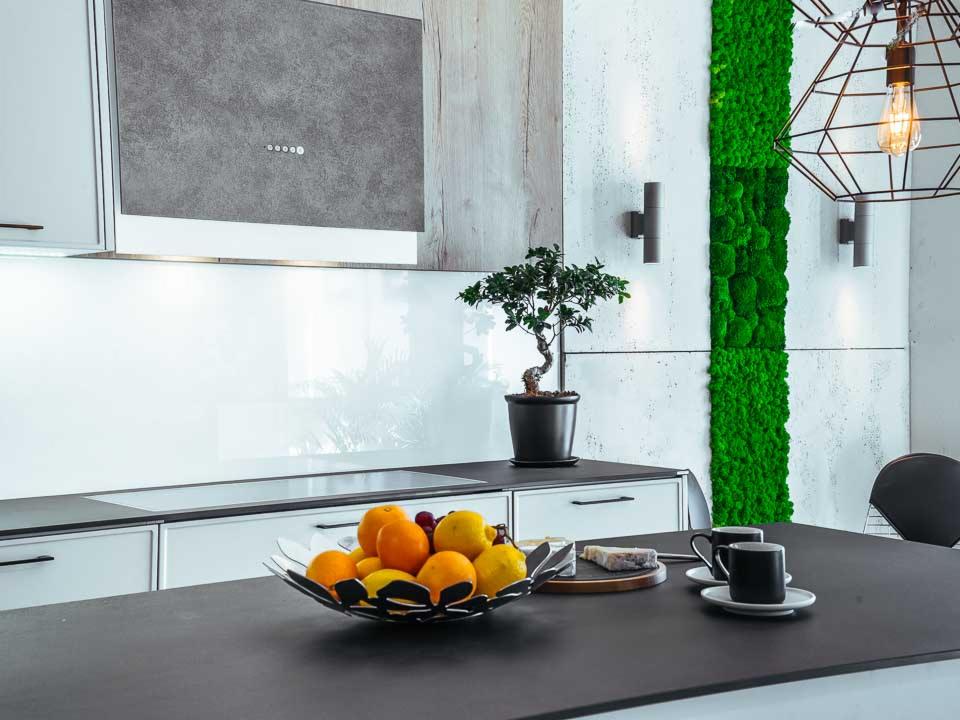 Nowoczesna kuchnia z białymi szafkami, szarym blatem i panelem ściennym, oświetlona lampą wiszącą z dekoracją z mchu na ścianie i bonsai na blacie.