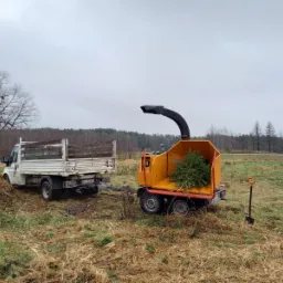 Żółta rębarka do gałęzi załadowana zielonymi gałązkami drzew iglastych, podłączona do białego samochodu dostawczego z drewnianą skrzynią, na tle łąki i lasu w pochmurny dzień.