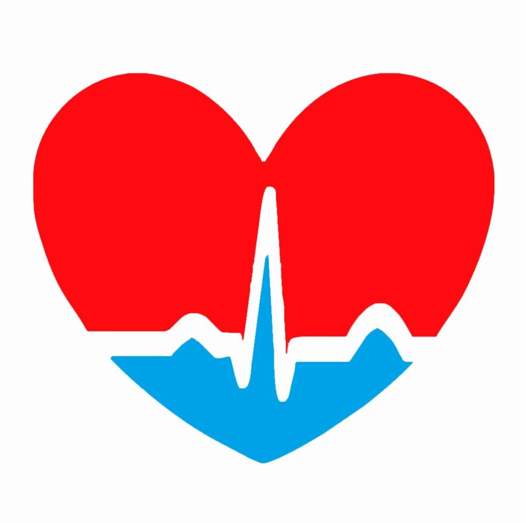 Czerwone serce z niebieskim dołem i białym wykresem EKG w środku, symbolizujące zdrowie i ratowanie życia.