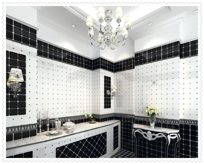 Elegancka łazienka w Połczynie z czarno-białymi płytkami, ozdobnym żyrandolem i kryształowymi kinkietami, ukazująca wykończone wnętrze z dekoracyjnymi elementami.