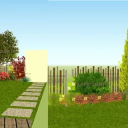 Wizualizacja ogrodu z drewnianym tarasem, podwyższonymi rabatami z sukulentami, ścieżką z płyt kamiennych, ozdobnym płotem z bambusa i różnorodną roślinnością ozdobną, w tym drzewami, krzewami...