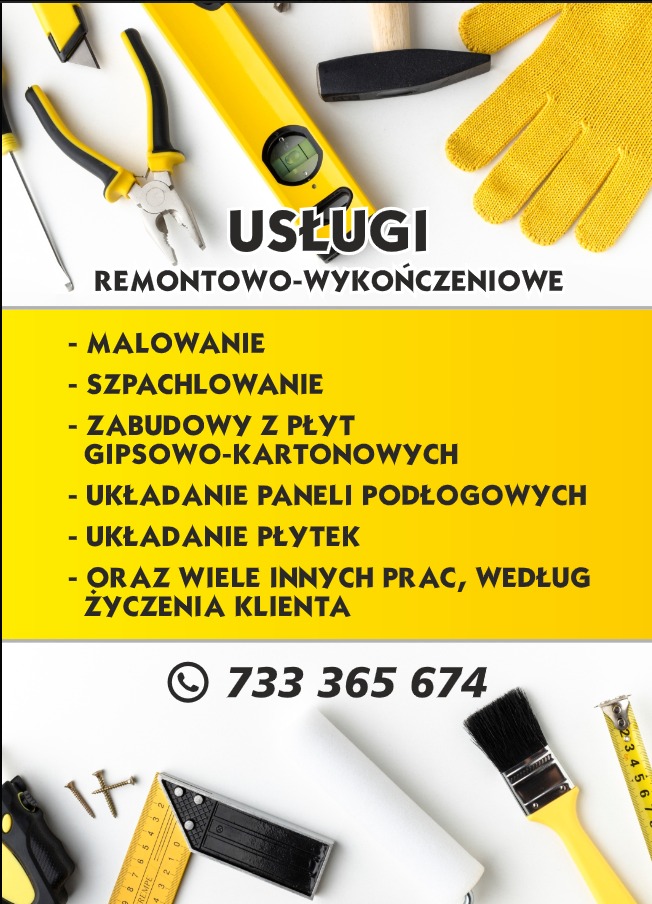 Narzędzia remontowe, takie jak poziomica, młotek, szczotka i miarka, ułożone na białym tle obok tekstu reklamującego usługi remontowo-wykończeniowe w Wyszkowie, w tym układanie paneli podłogowych.