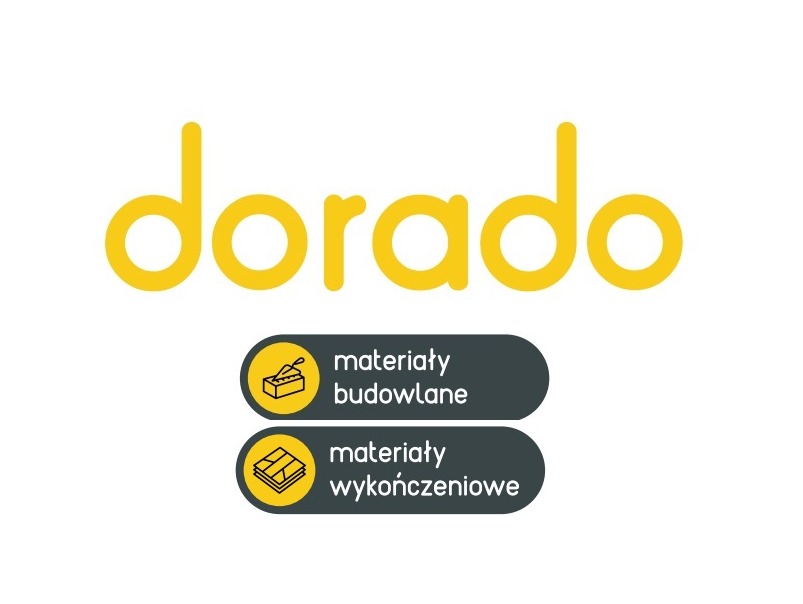 Żółte logo Dorado z ikonami materiałów budowlanych i wykończeniowych na białym tle.