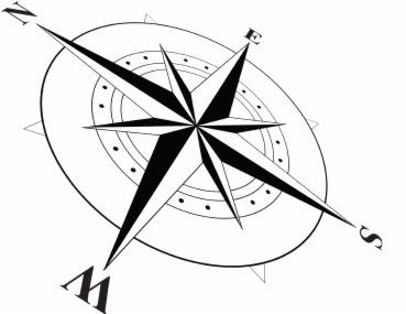 Czarno-biała grafika kompasu z wyraźnie zaznaczonymi kierunkami świata: północ, południe, wschód i zachód.
