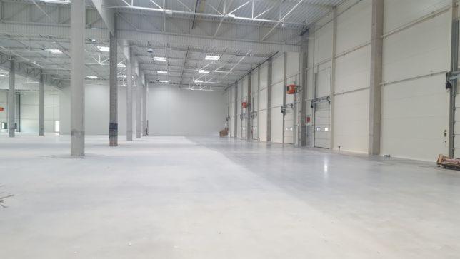 Przestronne, puste wnętrze hali magazynowej z betonową posadzką, rzędem betonowych kolumn i szeregiem bram wjazdowych po prawej stronie, oświetlone światłem dziennym wpadającym przez świetliki...