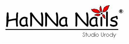 Logo 'HaNNNa Nails Studio Urody' z abstrakcyjnym czerwonym kwiatem po prawej stronie.