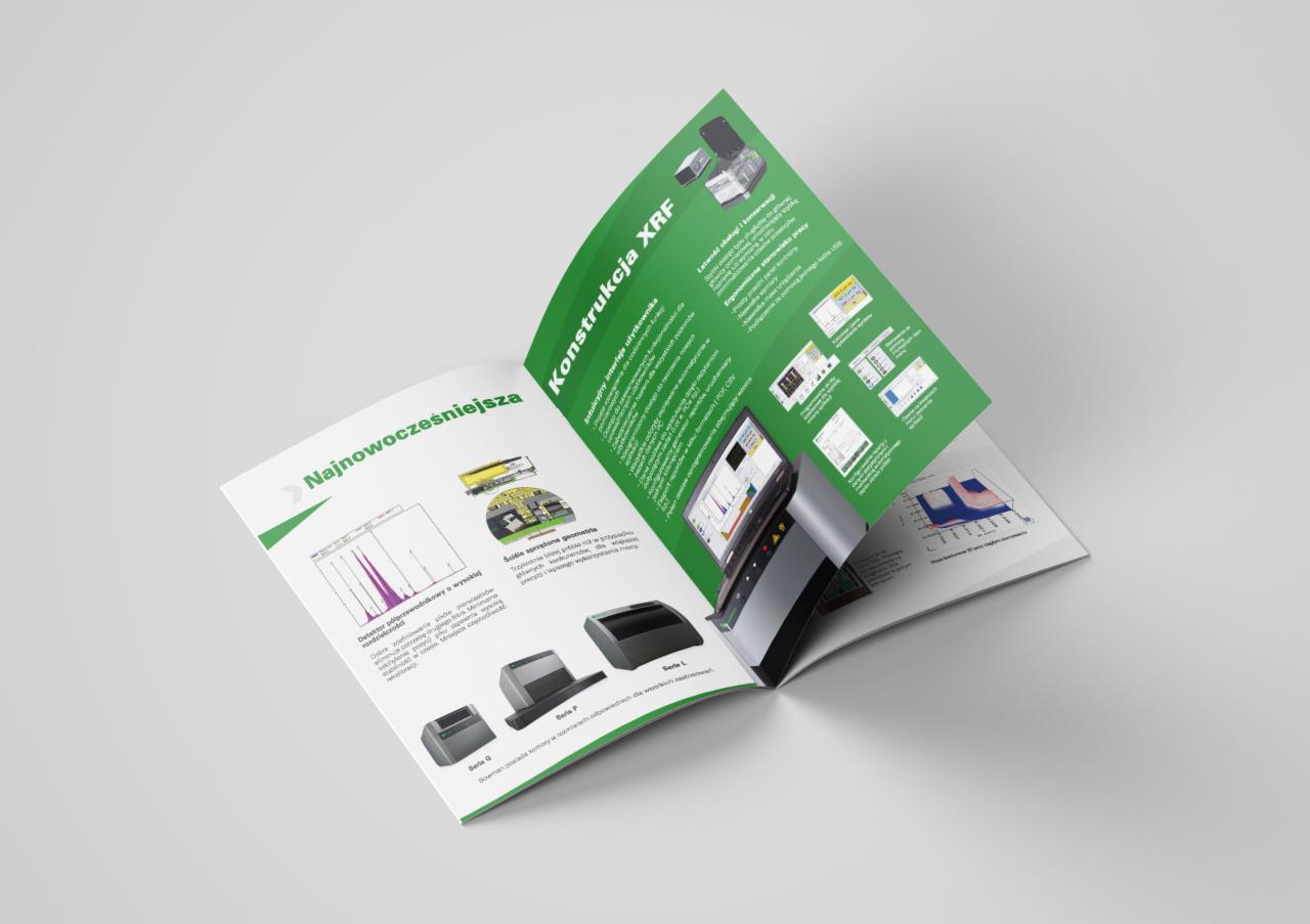 Rozłożona broszura reklamowa o konstrukcji XRF, prezentująca schematy, wykresy i zdjęcia urządzeń z serii G, P i L na białym tle.