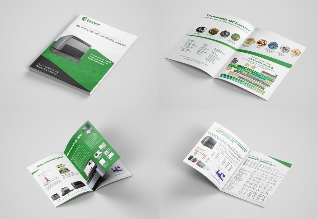 Cztery ujęcia otwartych broszur reklamowych firmy Bowman prezentujących technologię XRF, w tym analizę grubości powłok i konstrukcję XRF, umieszczonych na szarym tle.