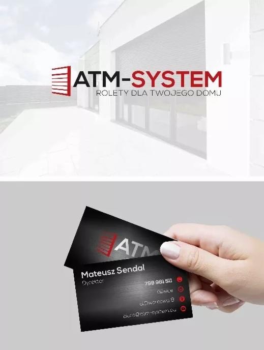 Wizualizacja identyfikacji firmy ATM-System: logo z roletami na tle budynku i wizytówka w dłoni.
