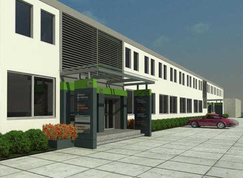 Wizualizacja budynku biurowego z nowoczesną architekturą, zielonymi akcentami i czerwonym sportowym samochodem zaparkowanym przed wejściem.