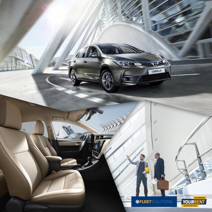 Kolaż: Szary samochód Toyota Corolla na tle nowoczesnej architektury, beżowe wnętrze samochodu, dwaj mężczyźni w garniturach rozmawiający w nowoczesnym budynku.