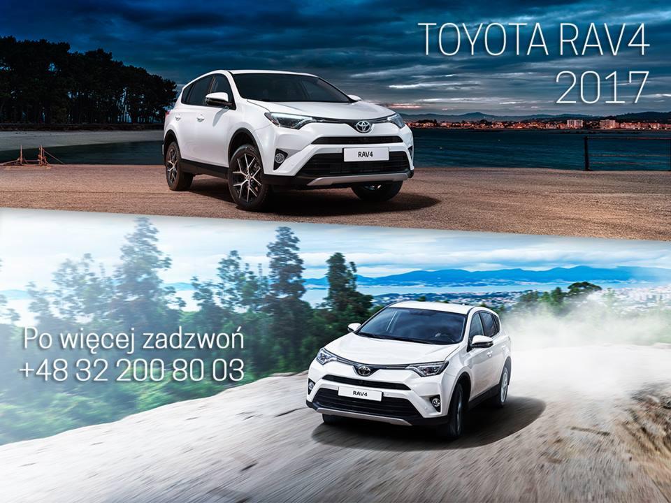 Biały SUV Toyota RAV4 2017 na dwóch różnych tłach: plaża o zmierzchu i leśna droga, z numerem telefonu na dole.